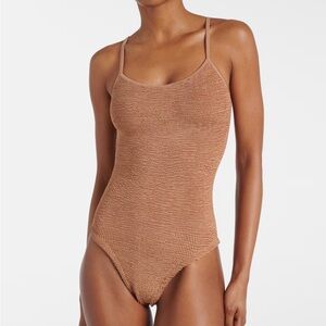 New Hunza G Pamela One Piece Swimsuit Metallic Cocoa Tan Brown Crinkle Stretchy